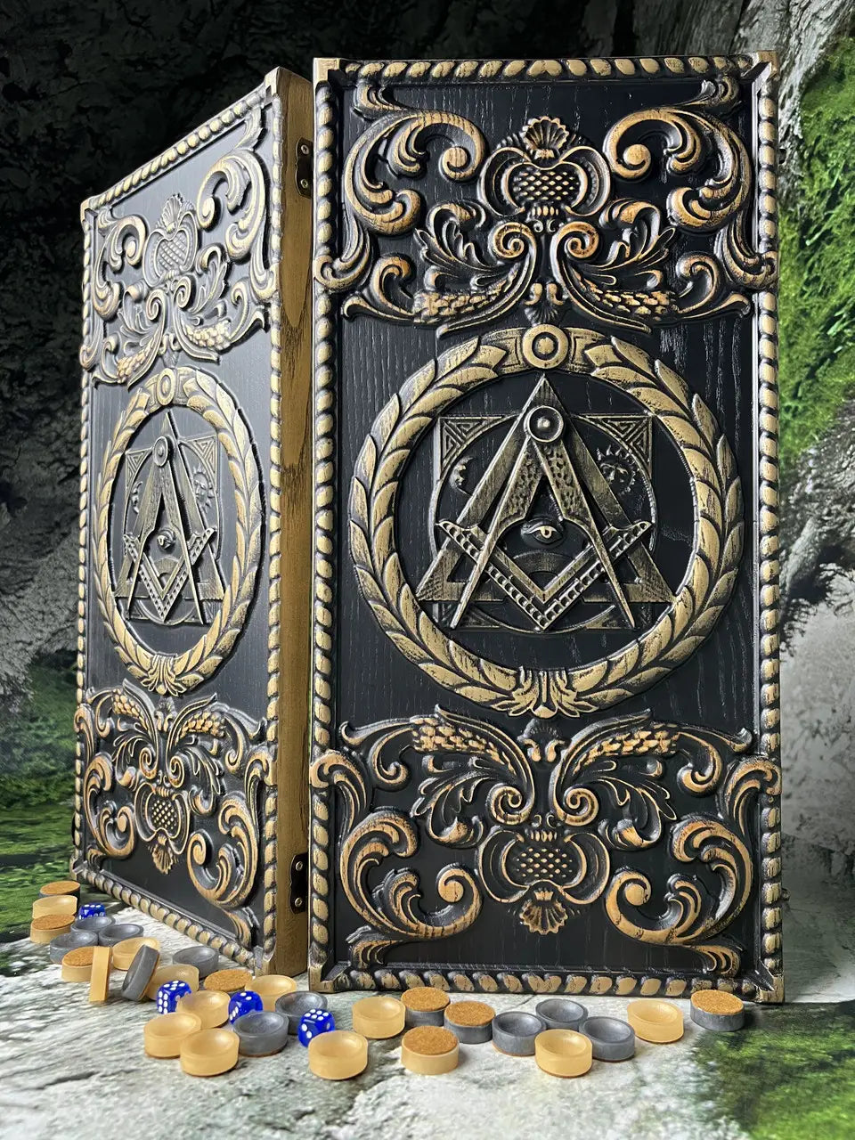 Carved wooden backgammon set with elegant Masonic-inspired artwork