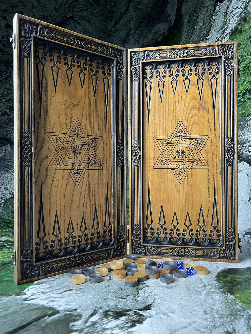 Premium ash wood backgammon set with resin checkers and dice