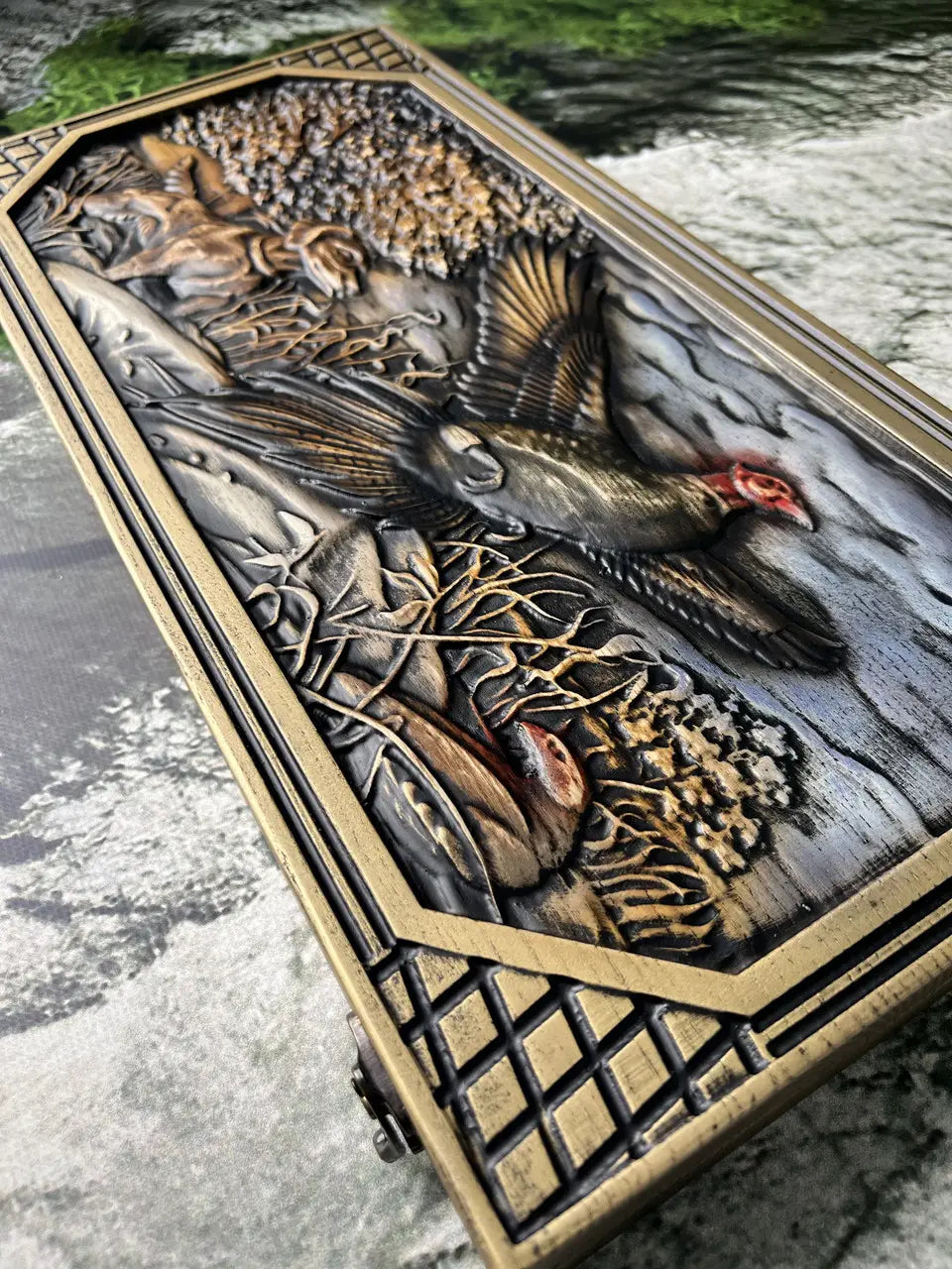 Hunting wooden backgammon set handcrafted from ash wood