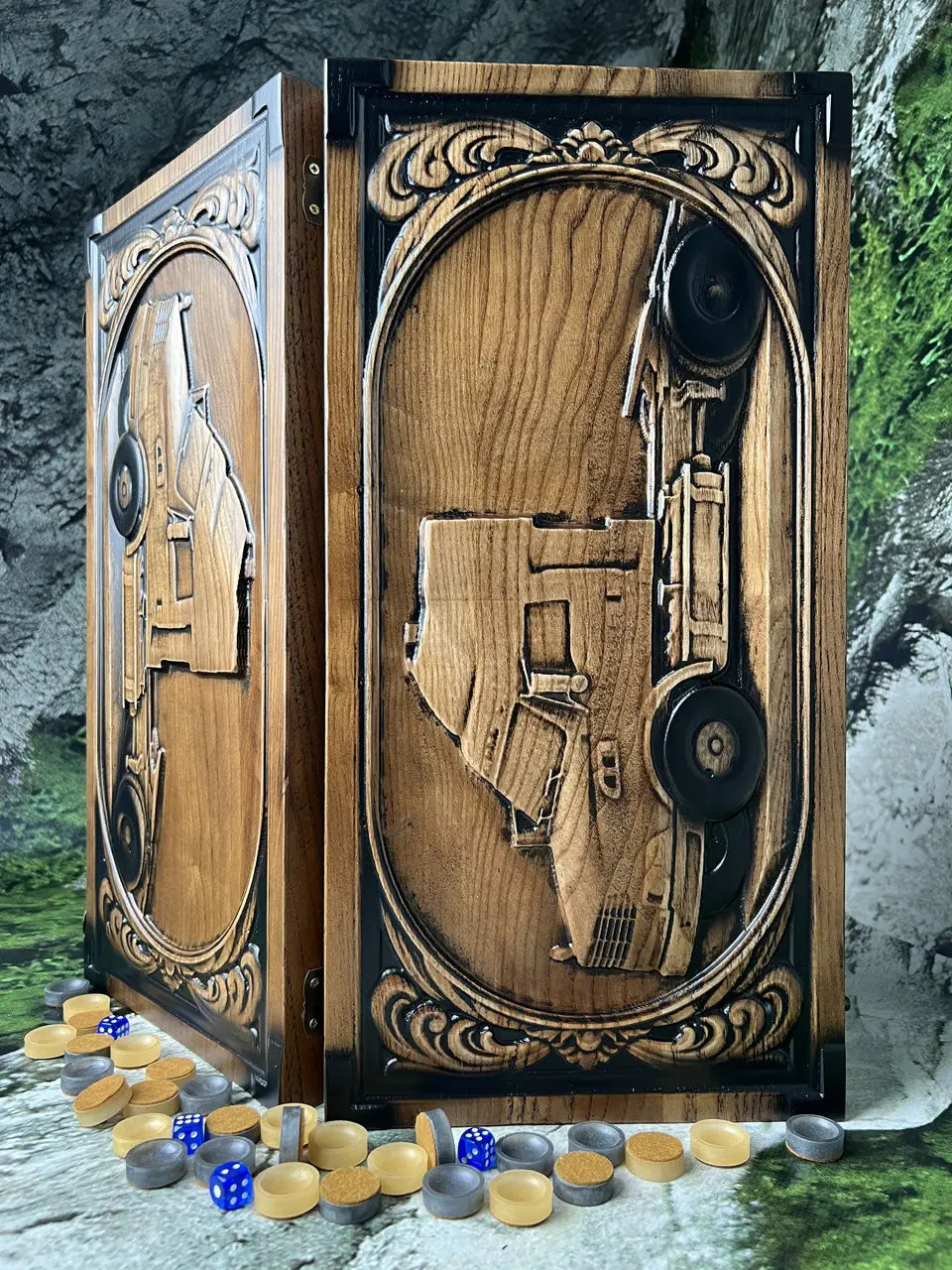 Handmade wooden backgammon set with carved truck driver design, solid ash wood