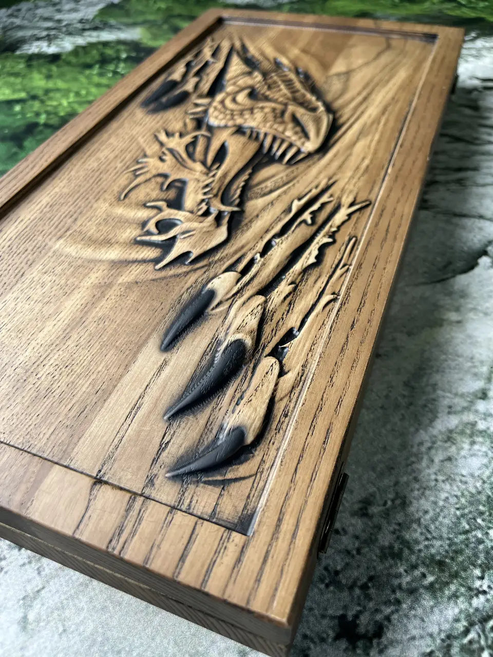 Detailed dragon carving on handmade wooden backgammon board