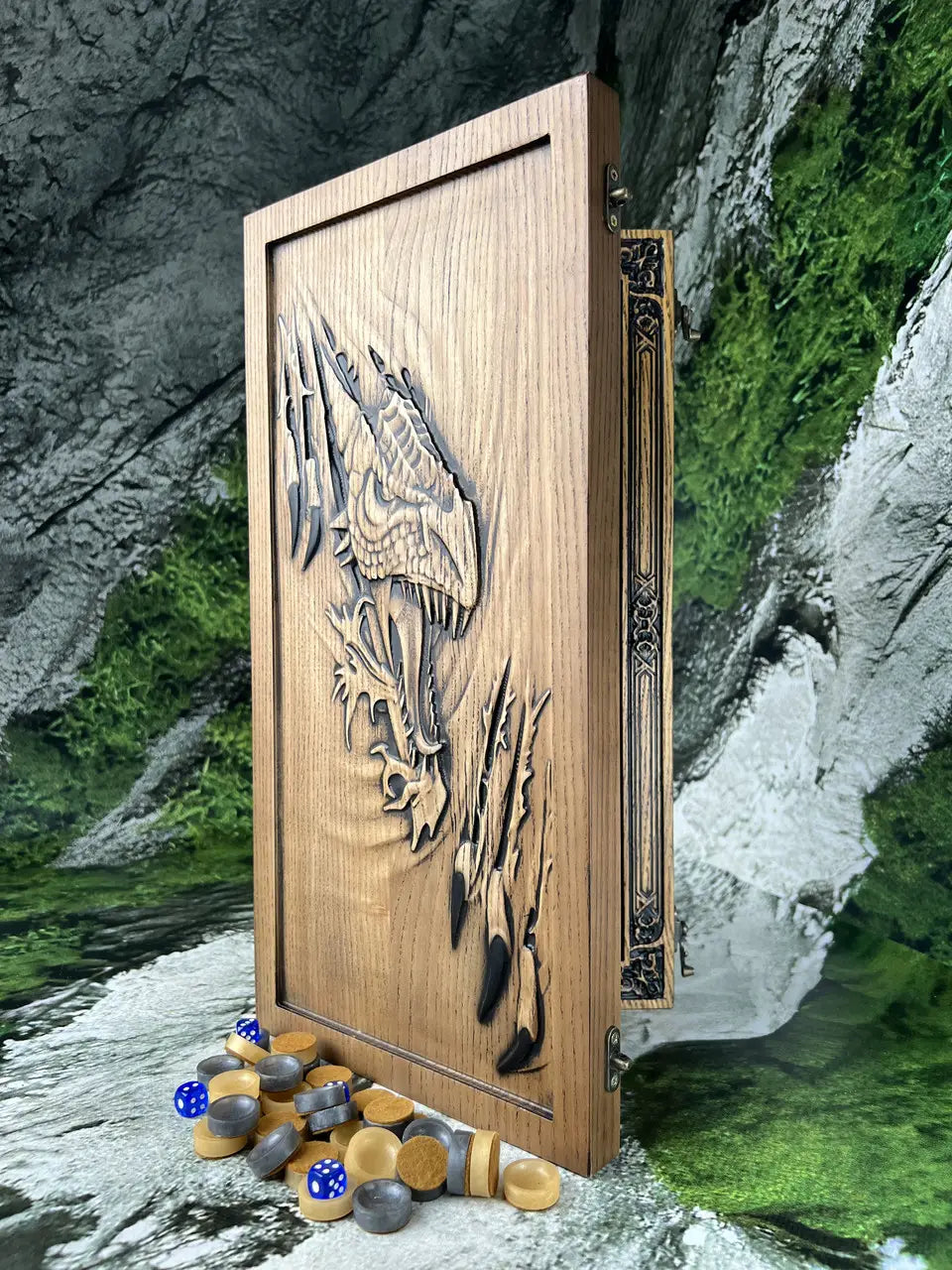 Handmade wooden backgammon board with carved dragon artwork