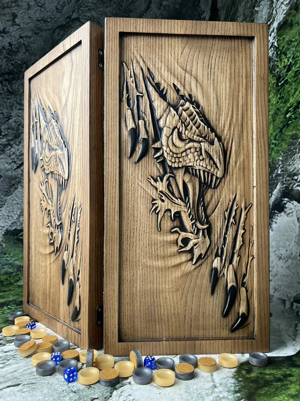 Handmade wooden backgammon set with carved dragon design