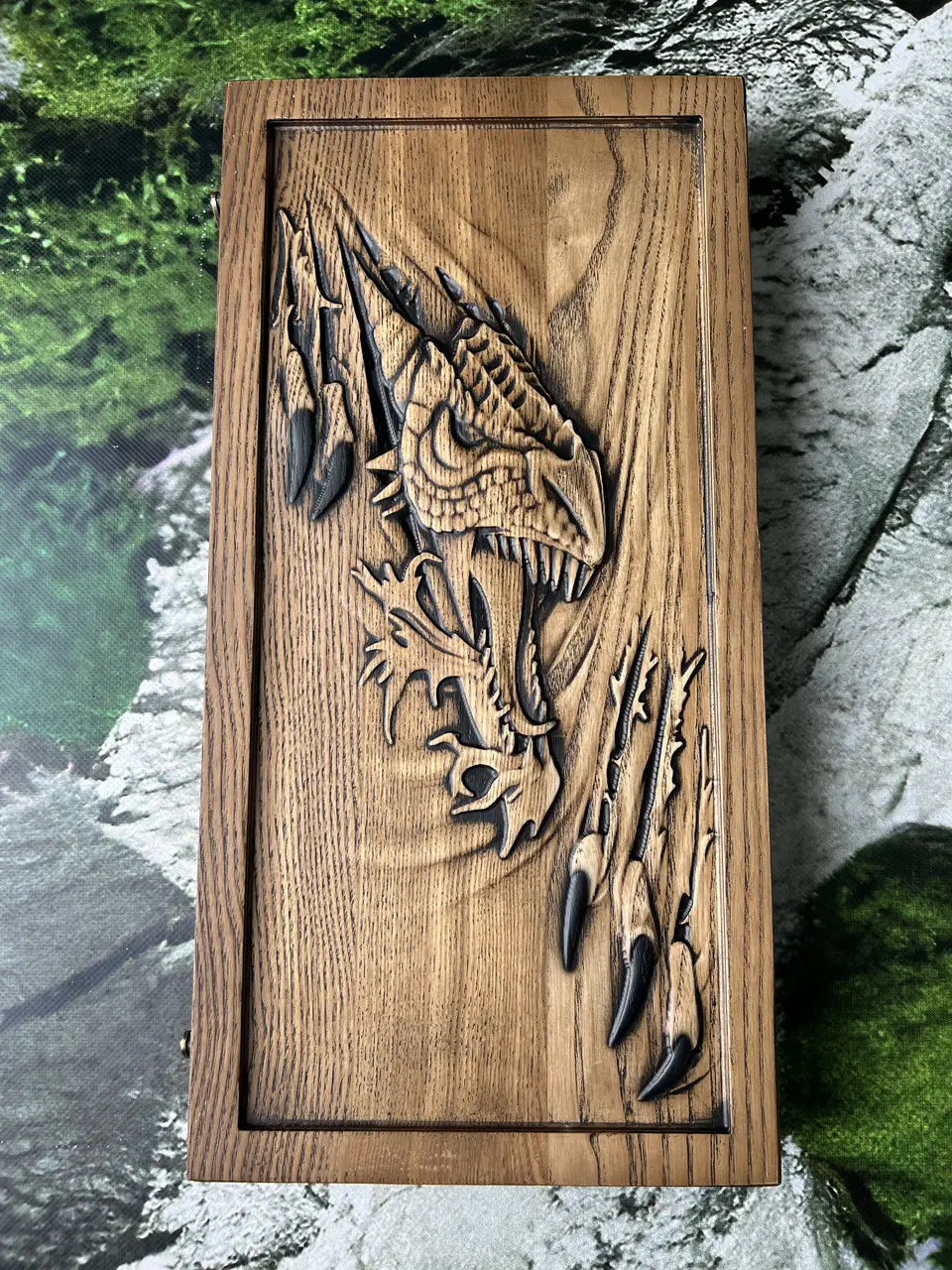 Premium ash wood backgammon set with fantasy dragon design