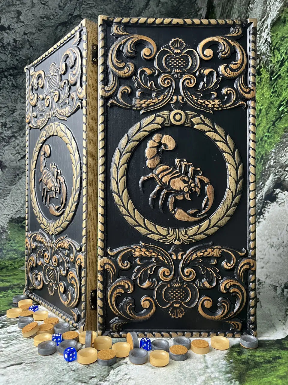 Open wooden backgammon board featuring the Scorpio zodiac symbol
