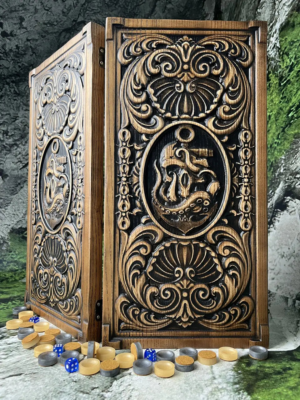 Front view of carved Kraken skull backgammon board