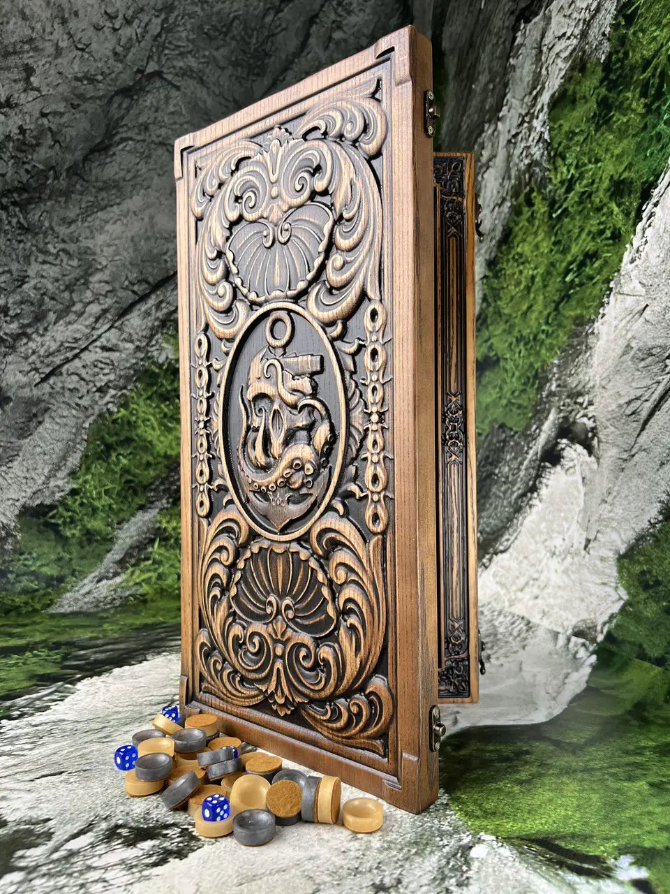 Handmade ash wood backgammon set with detailed nautical relief carving
