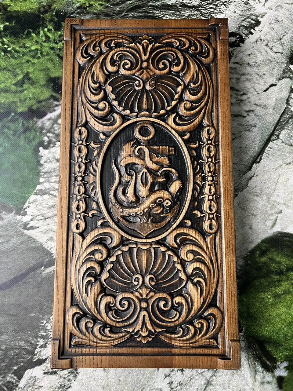 Open wooden backgammon board with compass design and resin checkers
