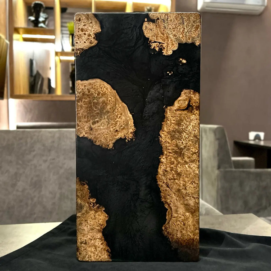 Back side of Onyx wooden backgammon board with black epoxy resin