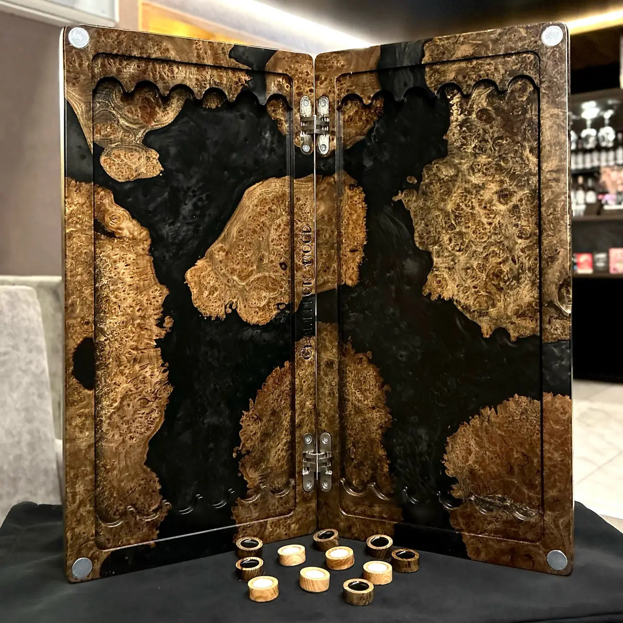 Handmade Onyx backgammon board with wooden checkers
