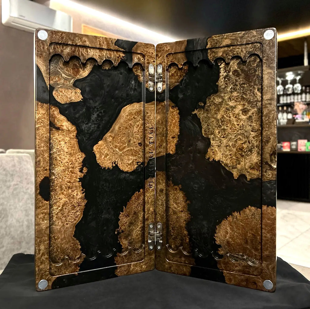 Open luxury Onyx backgammon board handcrafted from burl wood