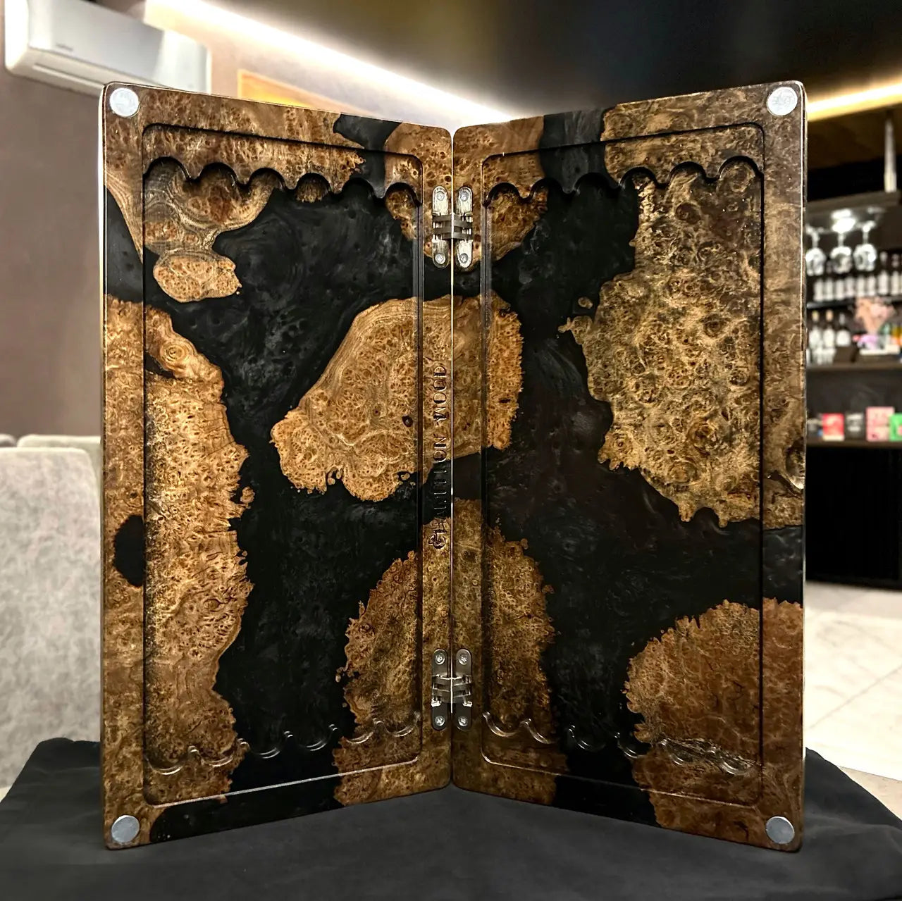 Open luxury Onyx backgammon board handcrafted from burl wood