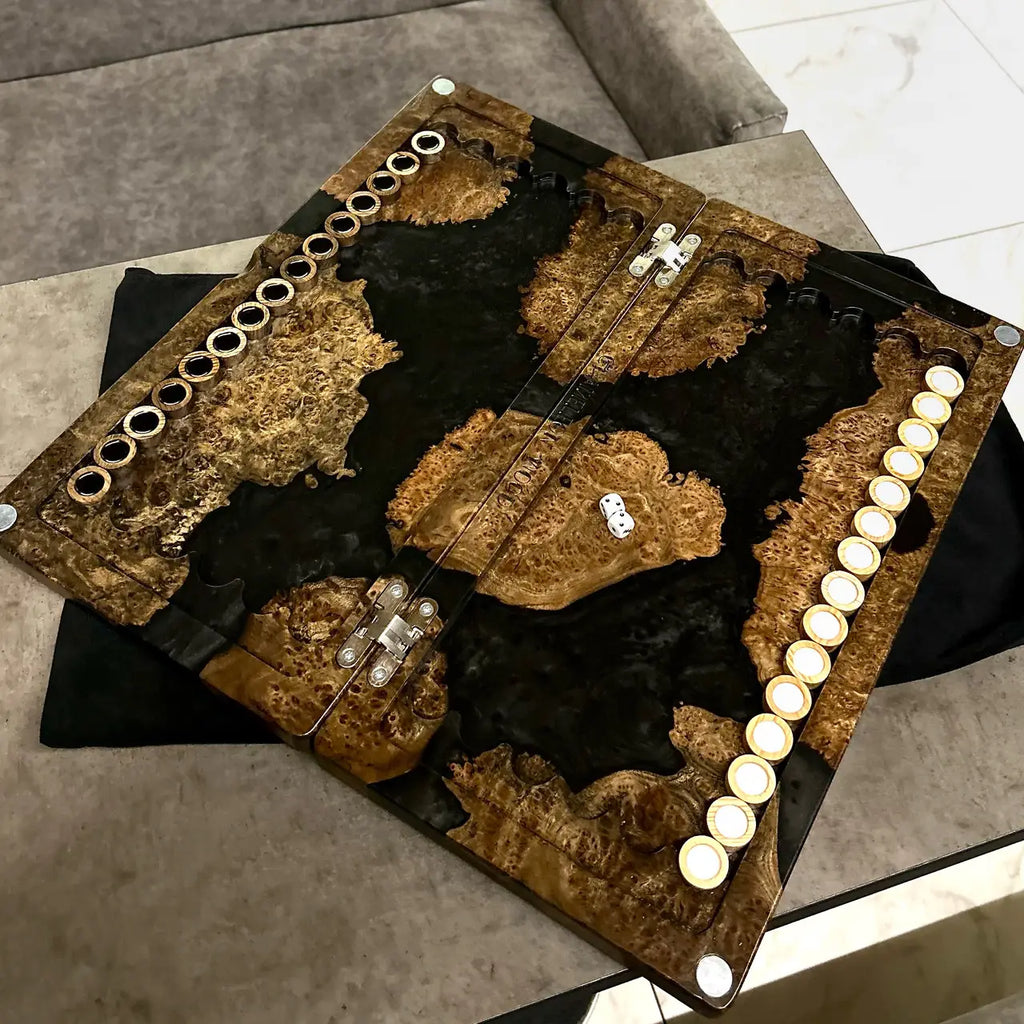 Premium black epoxy resin wooden backgammon board ready for play