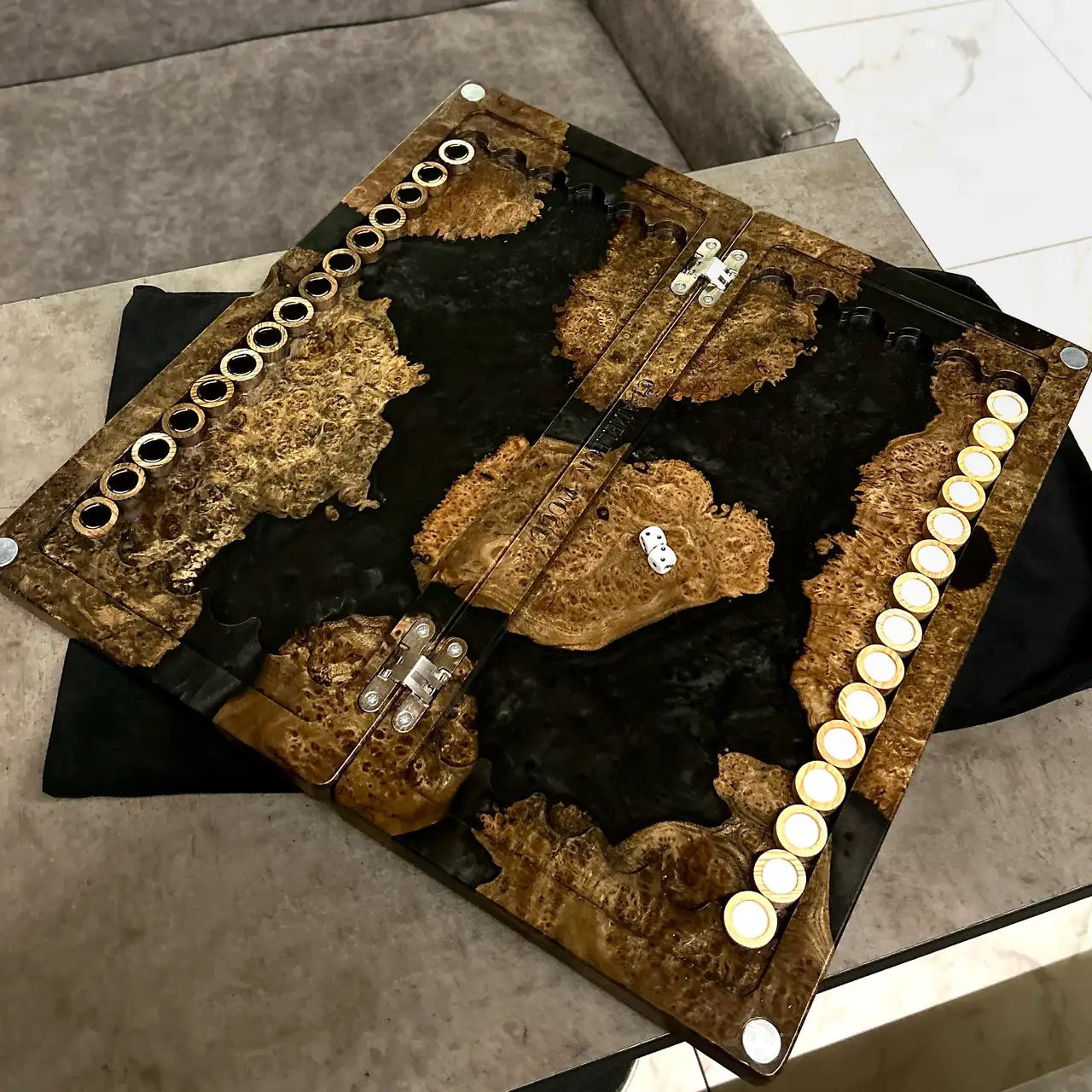 Premium black epoxy resin wooden backgammon board ready for play