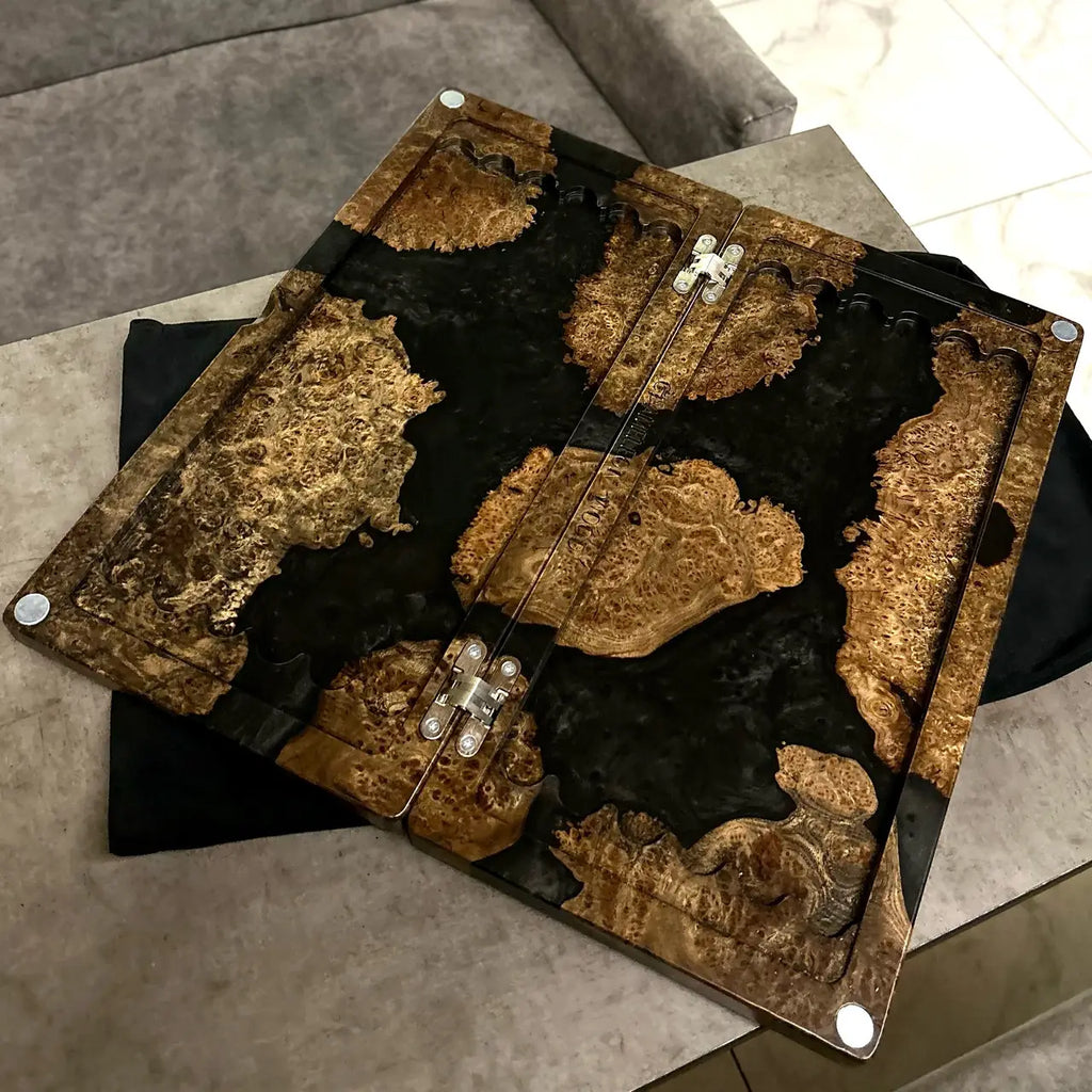 Closed Onyx wooden backgammon board with natural burl wood
