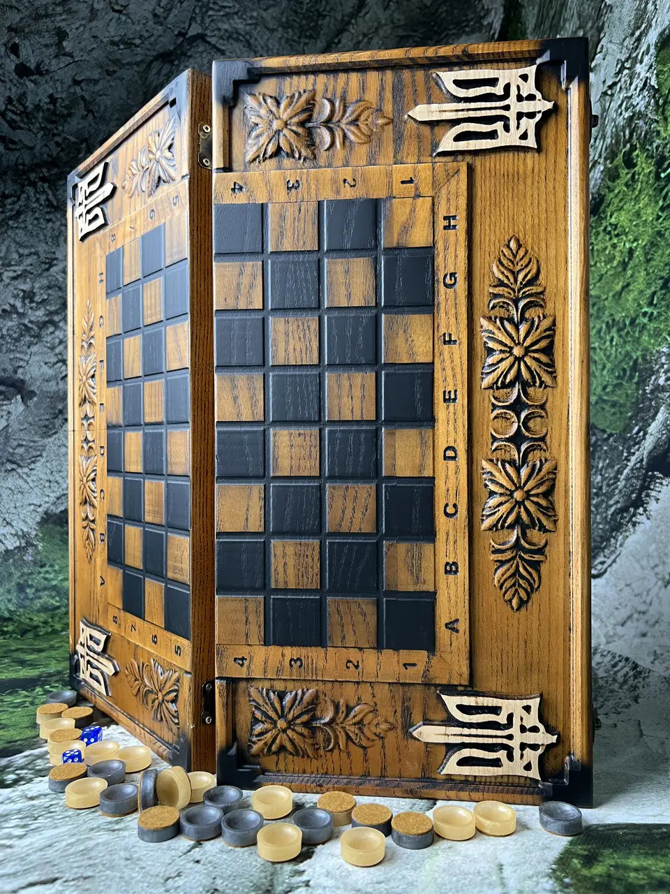 Close-up of carved ornament and premium wood finish