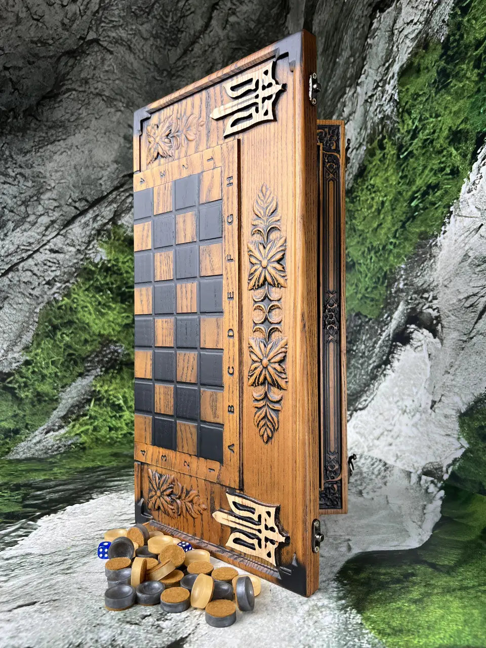 Chessboard surface integrated into wooden backgammon set