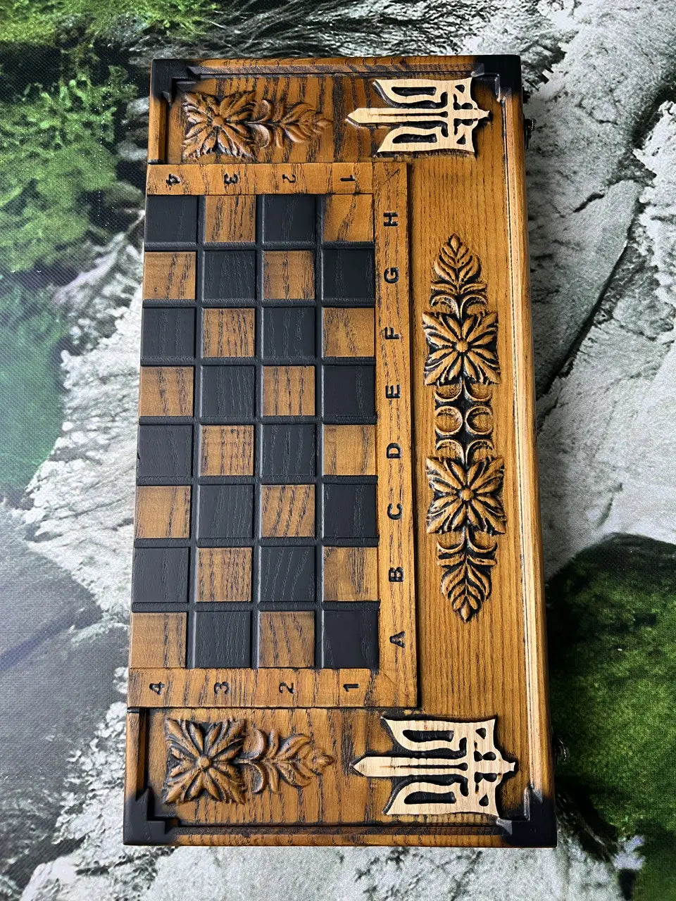 Side view of solid ash wood chess and backgammon board