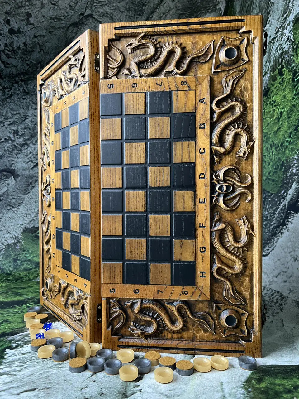 Hand carved dragon 3-in-1 wooden chess and backgammon board – front view