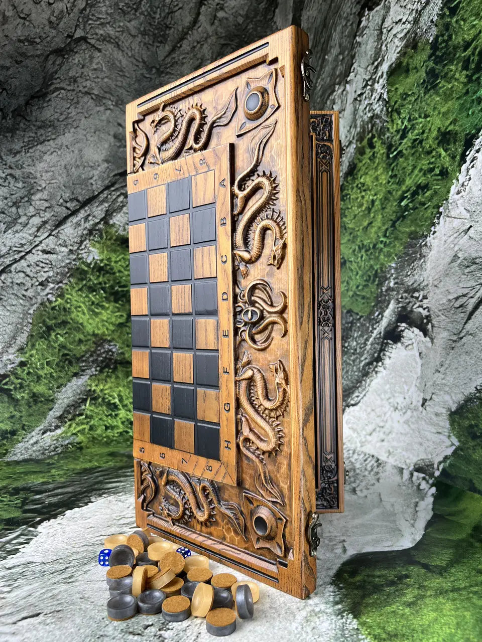 Side view of handcrafted wooden game set with dragon carving