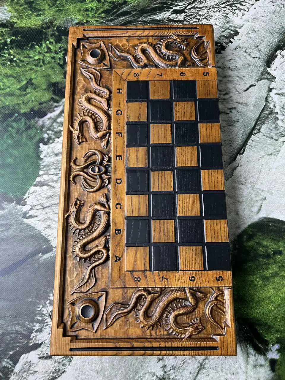 Top view of chessboard integrated into 3-in-1 wooden game set