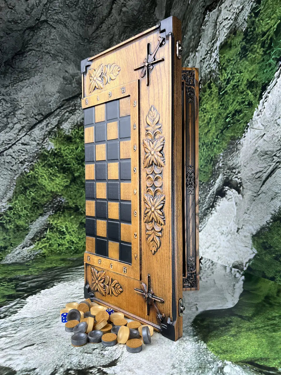 Ash wood board game set with hand-carved details and metal hardware