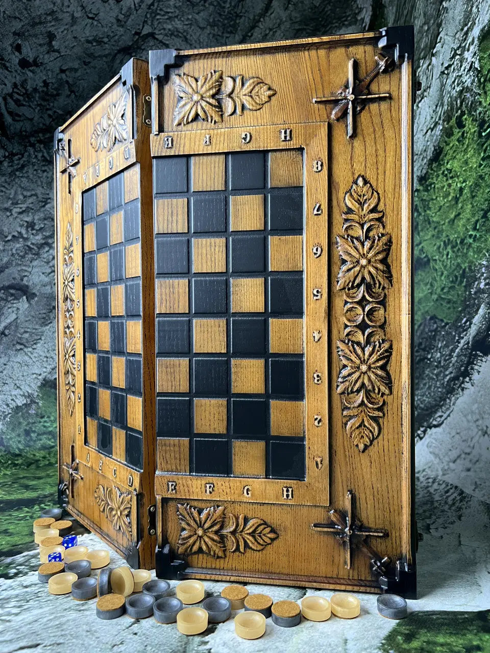 Handcrafted wooden 3-in-1 chess backgammon checkers board with military helicopter carving