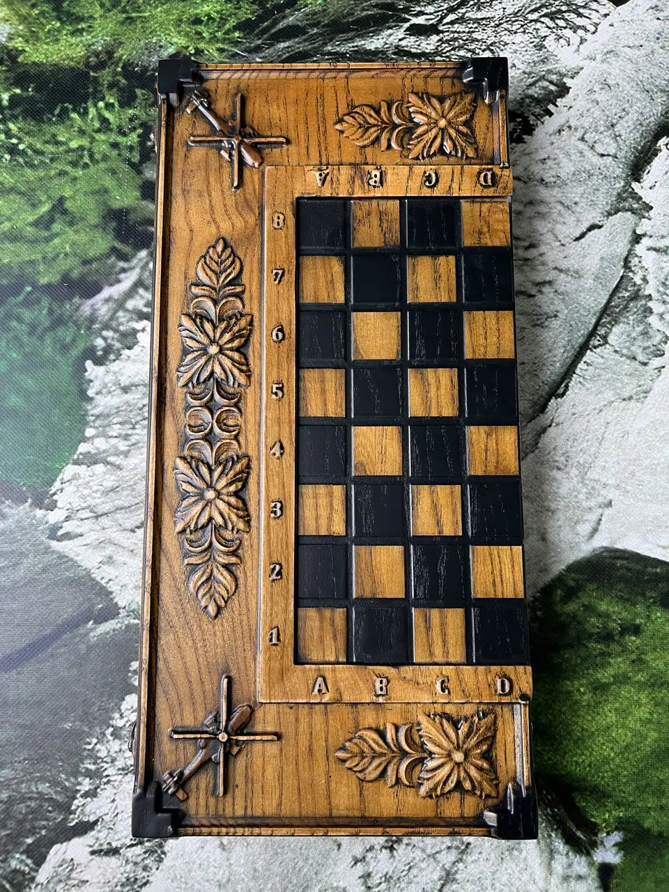 Folded wooden chess and backgammon board with military themed relief