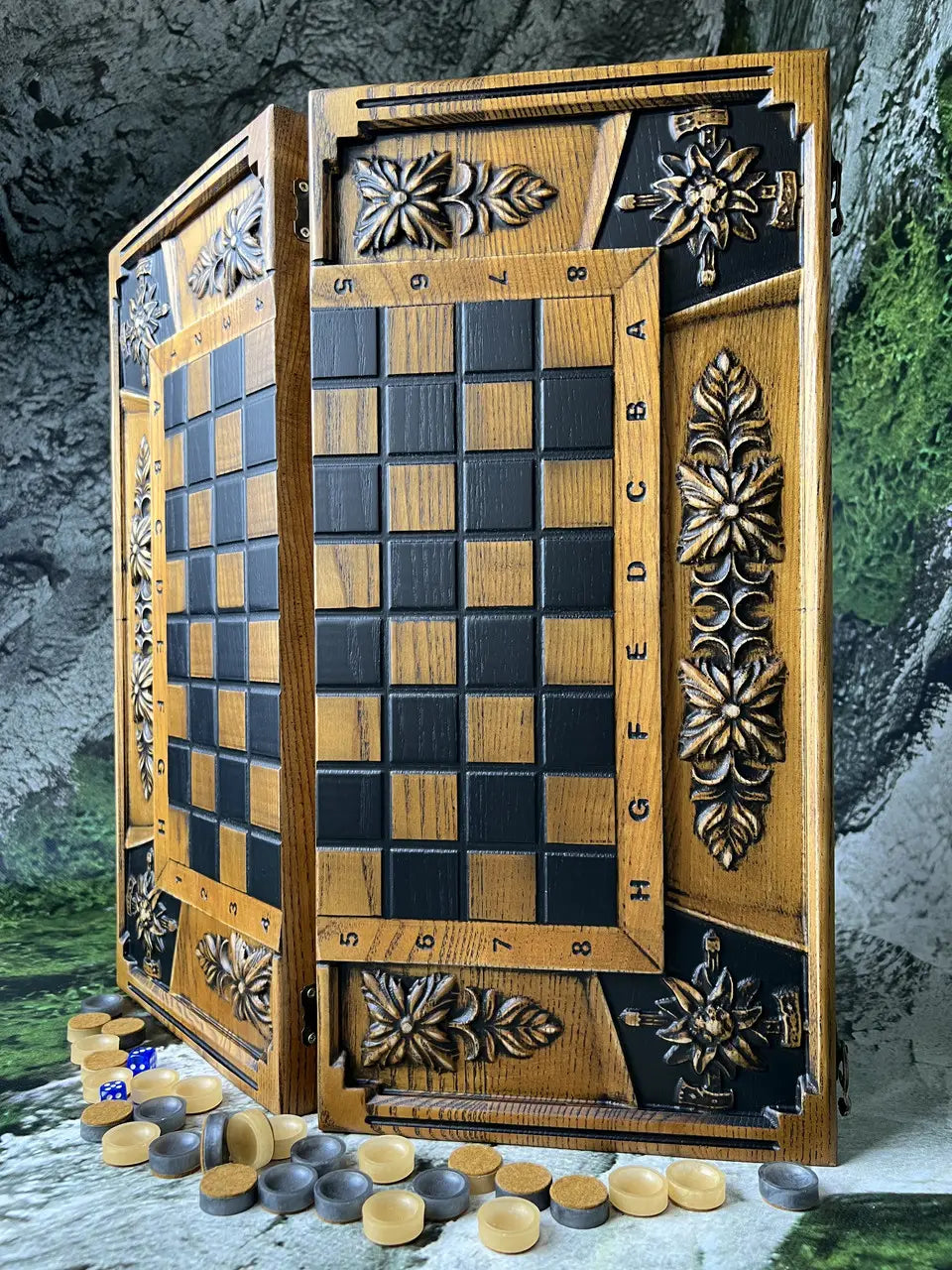 Handcrafted wooden chess and backgammon board with carved edelweiss floral design