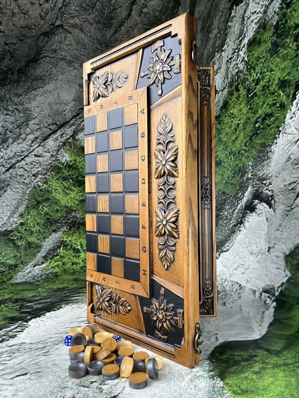 Wooden 2-in-1 chess and backgammon board with carved edges and metal hardware