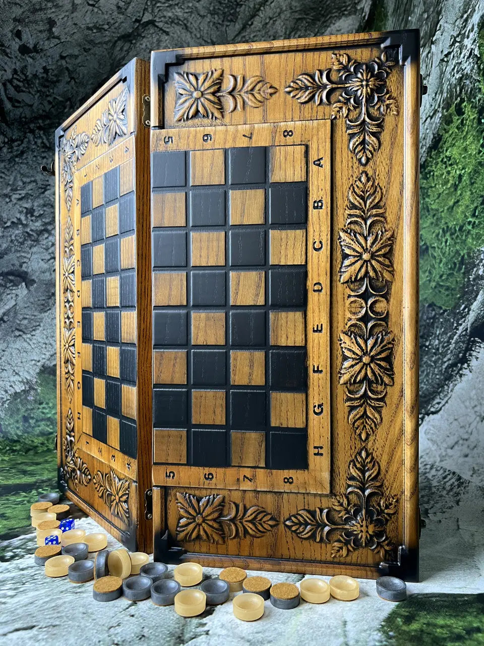 Handcrafted wooden chess and backgammon board with carved geometric ornament, ash wood