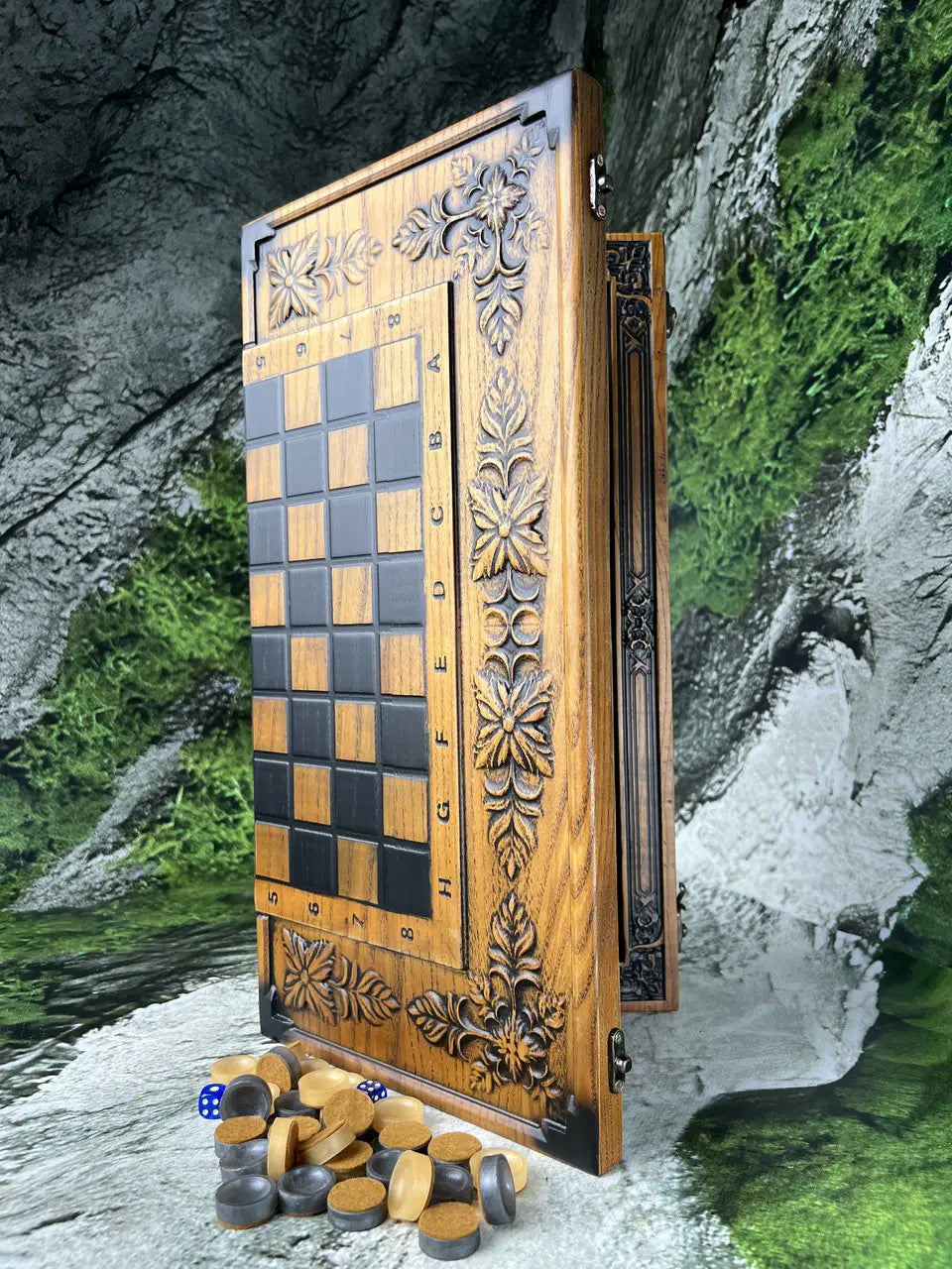 Carved wooden chessboard surface made of solid ash wood, handmade details