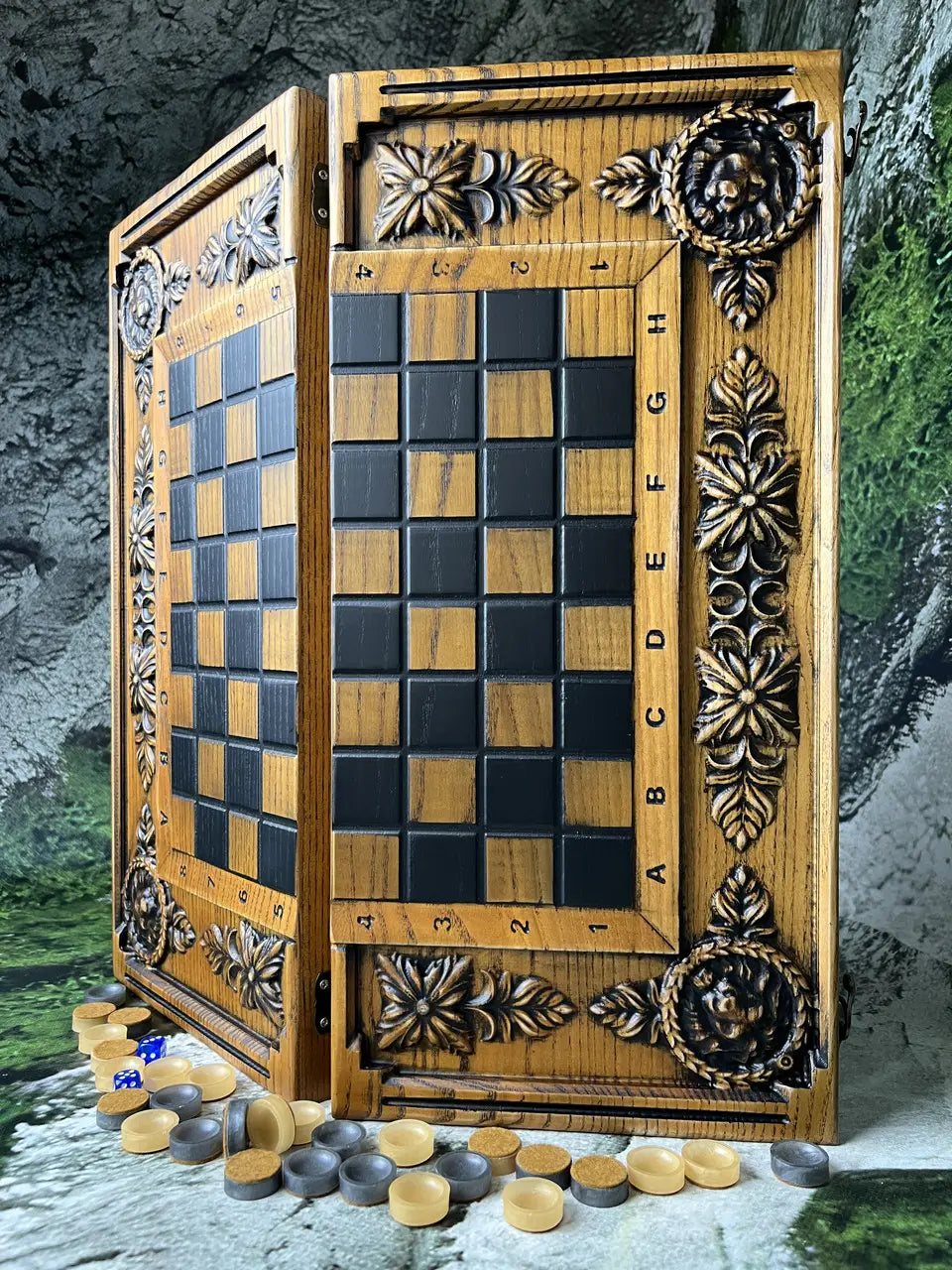 Hand carved wooden chess and backgammon board made of ash wood with dark and light squares, luxury handmade game set