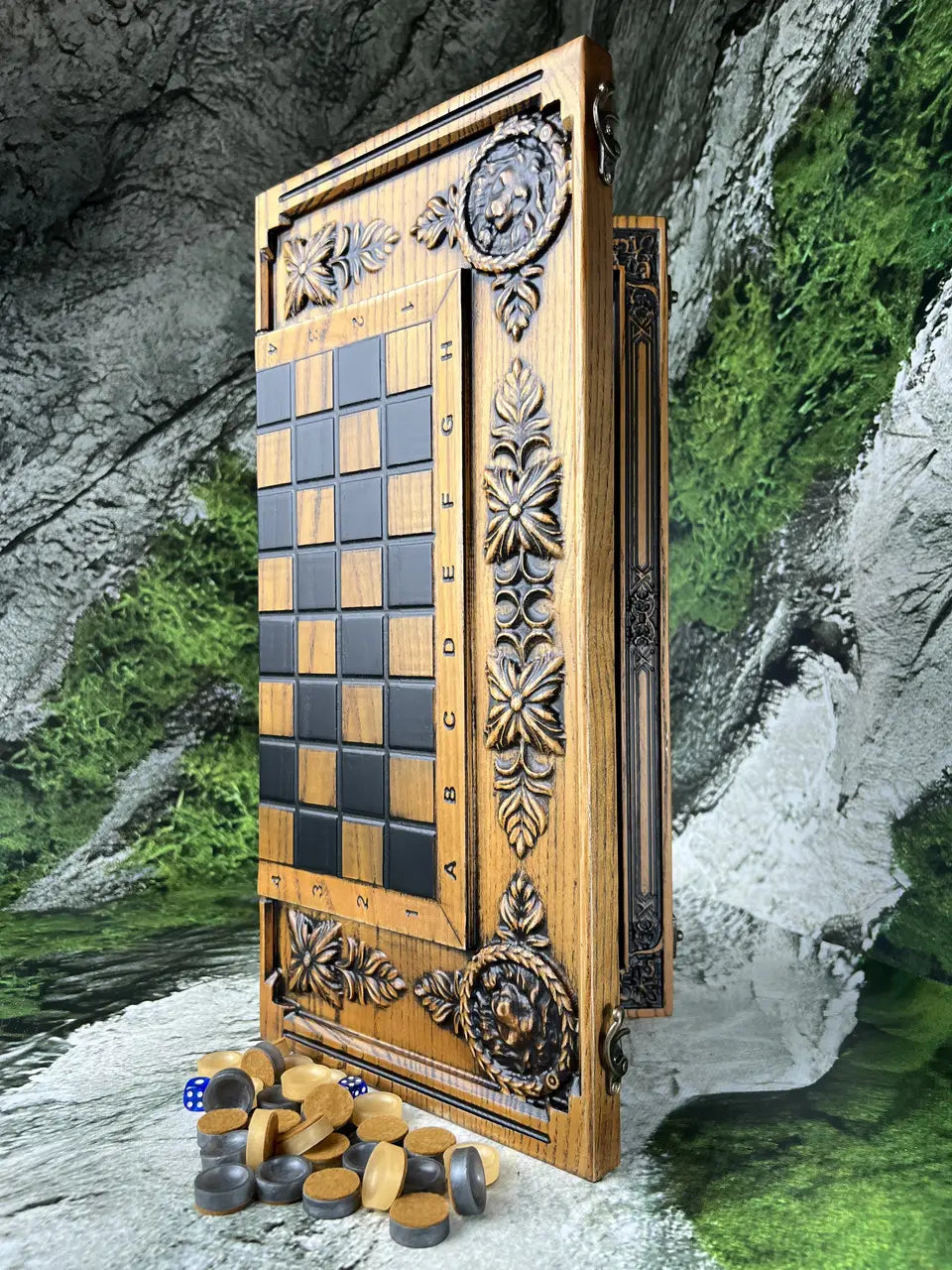 Side view of handcrafted wooden chess backgammon board with deep carving and natural ash wood texture