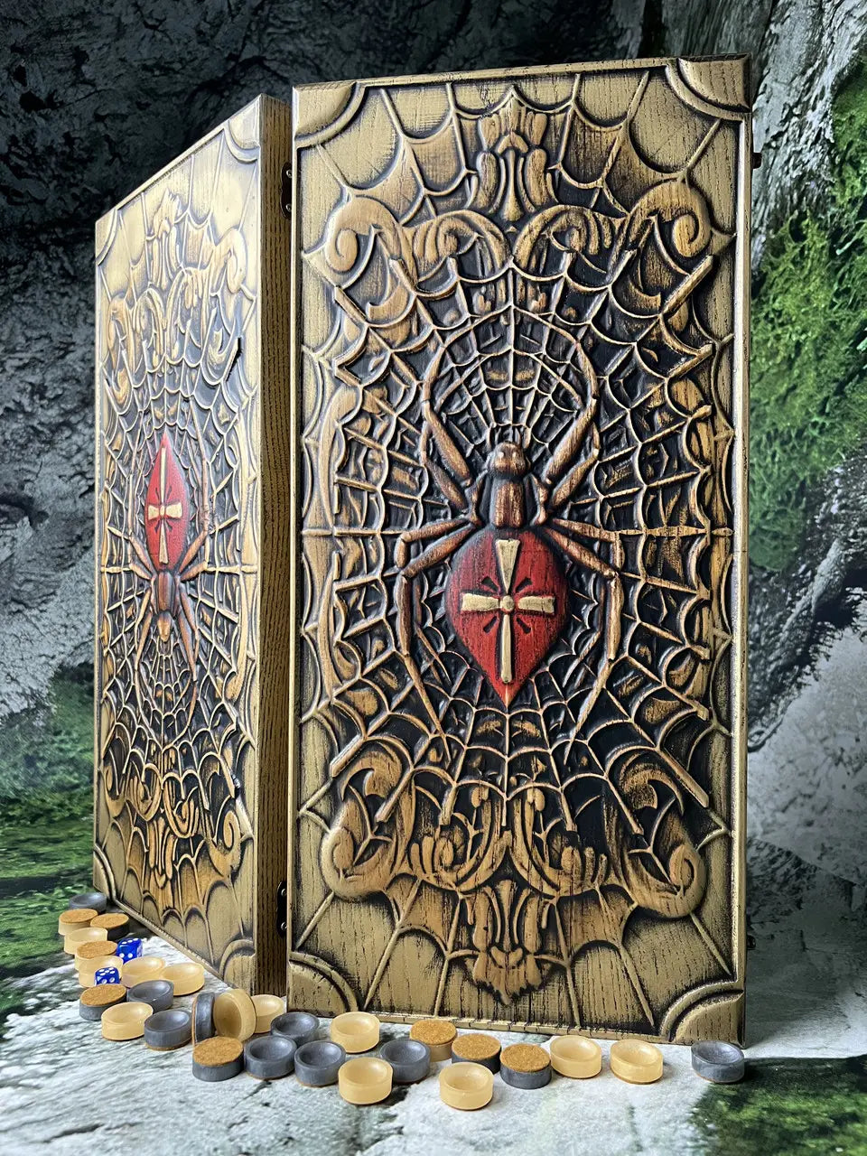 Spider-themed wooden backgammon set with carved decorative details