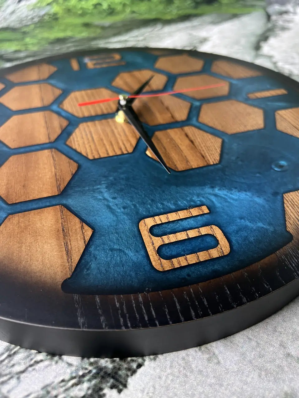 Blue Epoxy Resin Clock with geometric honeycomb pattern