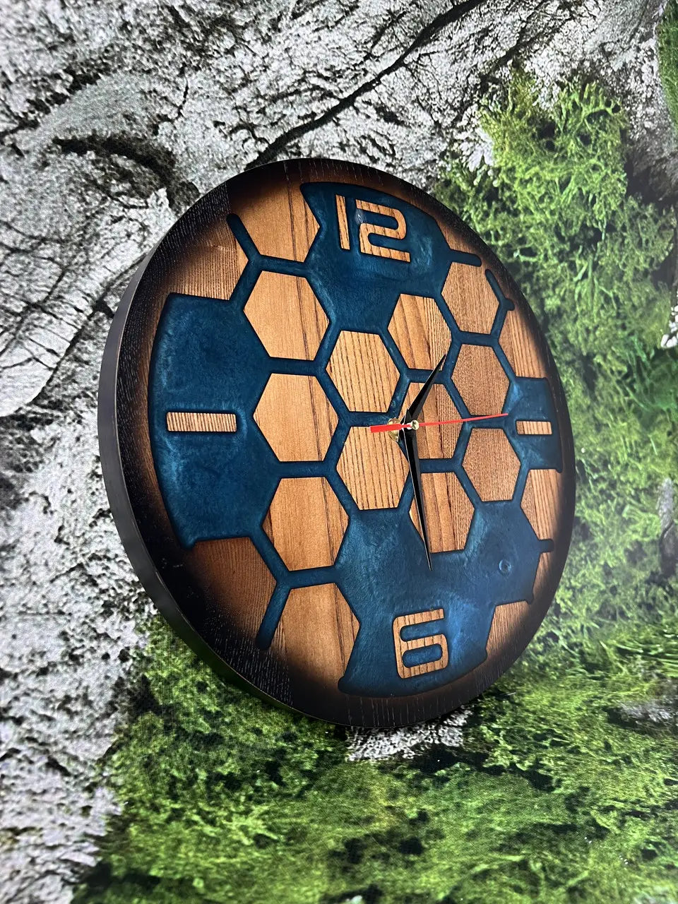 Epoxy Resin Clock handcrafted from ash wood and dark blue resin