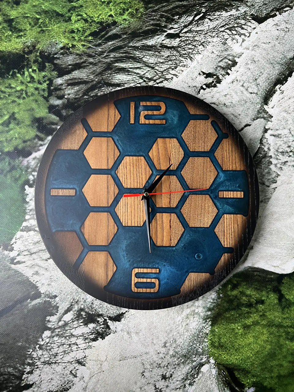 Epoxy Resin Clock with blue honeycomb and natural ash wood design