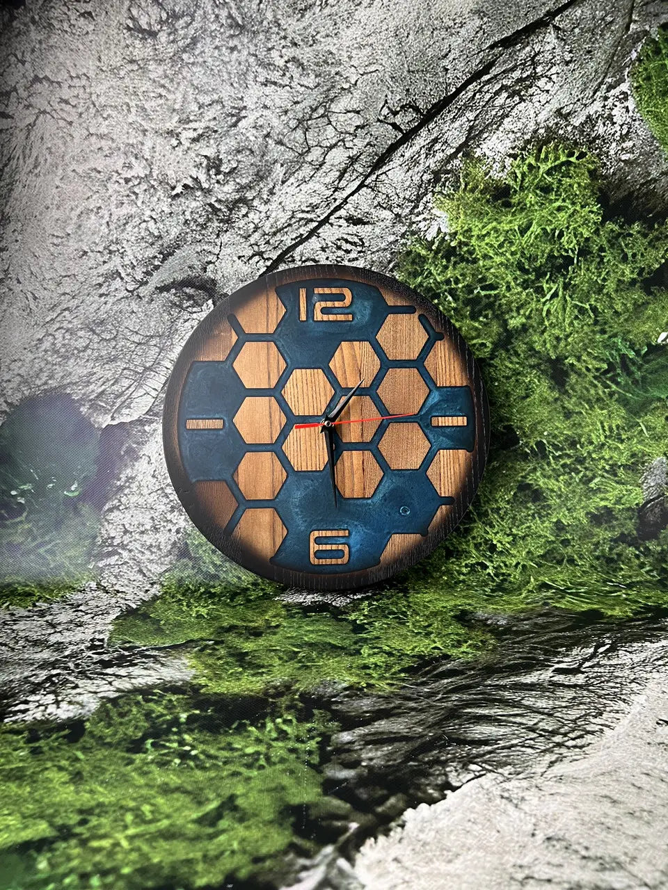 Handmade Epoxy Resin Clock with honeycomb wood wall design