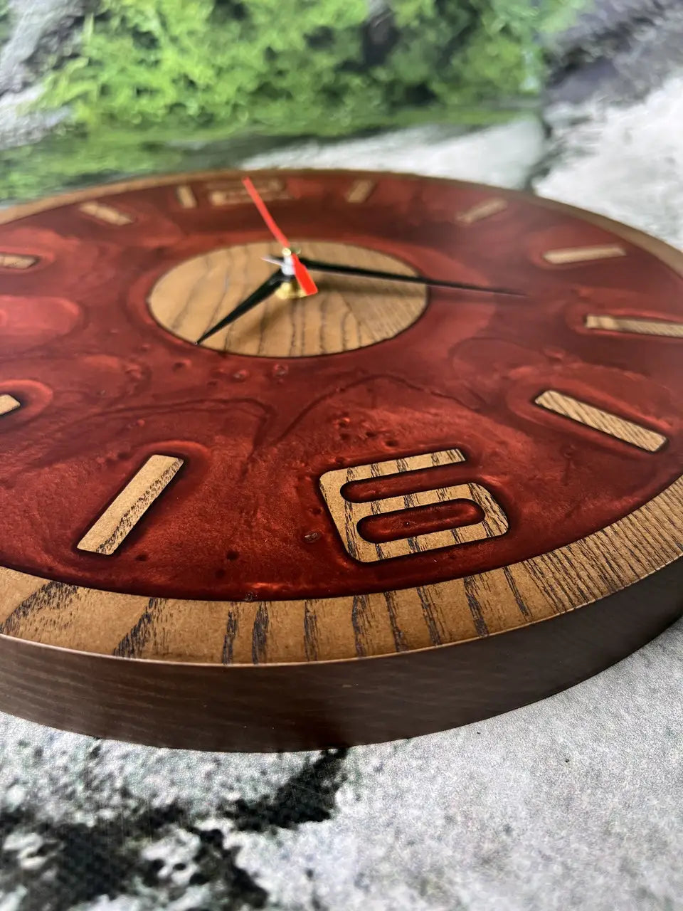 Modern Wooden Wall Clock with raised wood hour markers and red resin