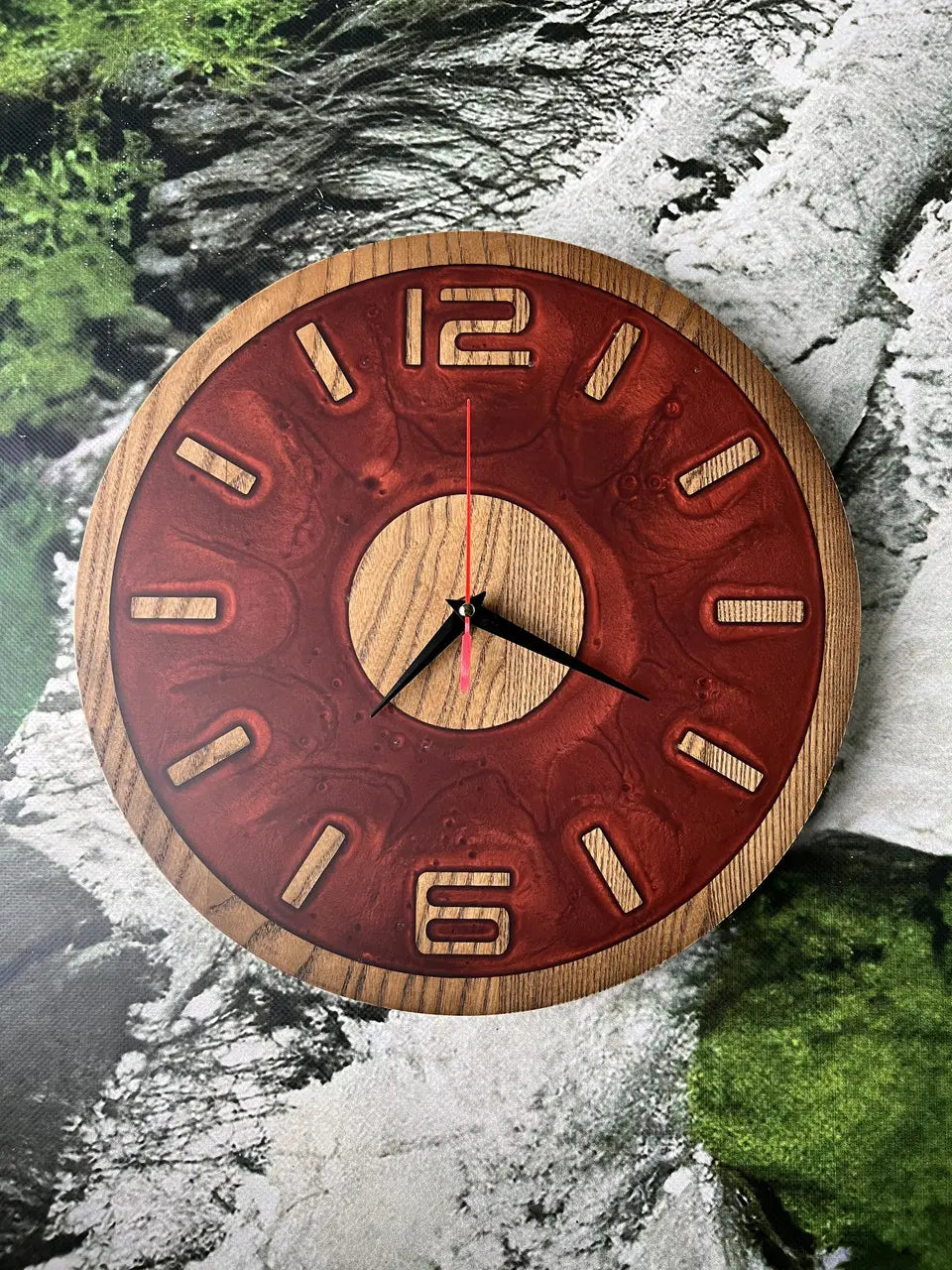 Wooden Wall Clock with red resin and natural wood design