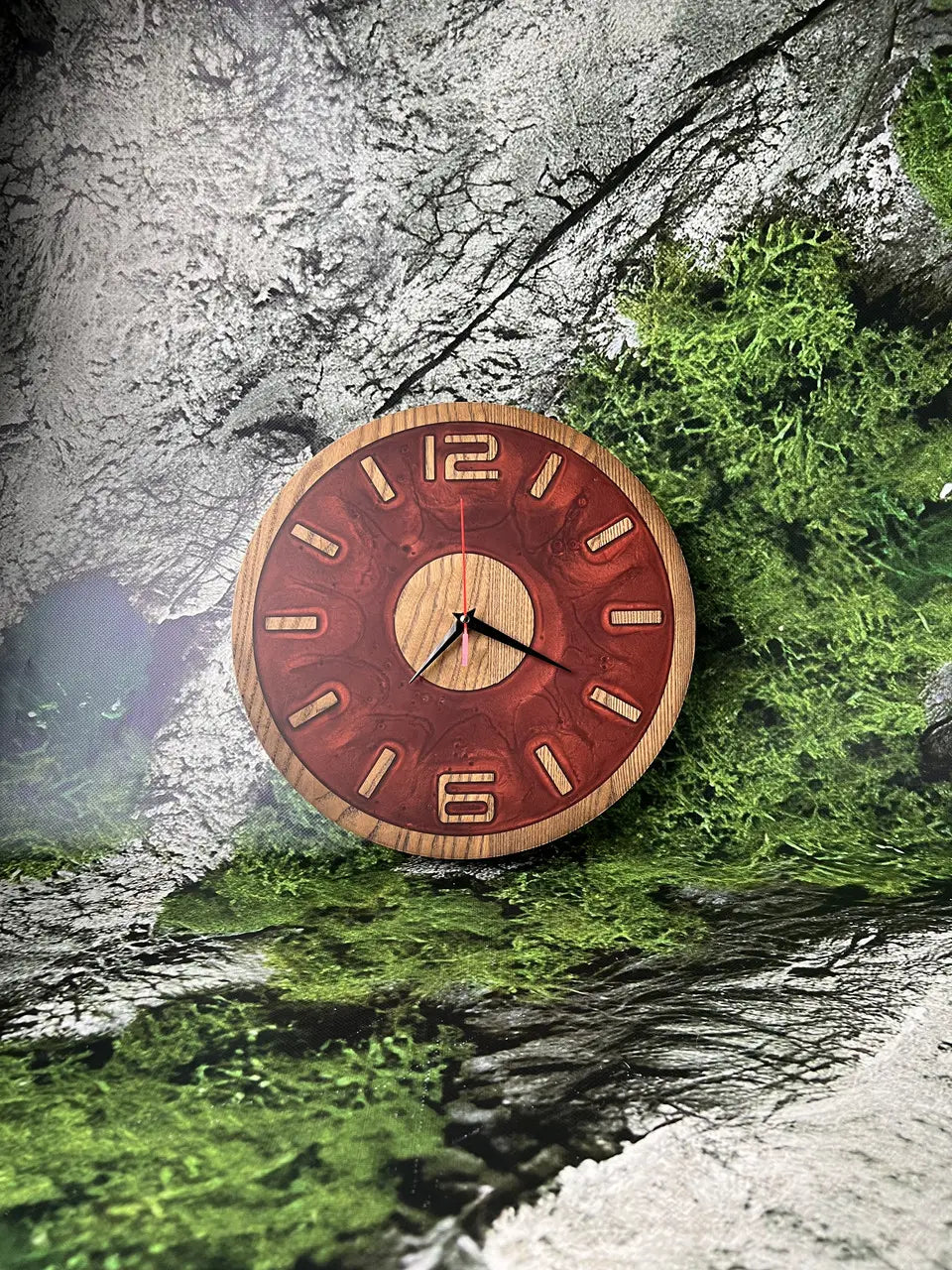 Handmade Wooden Wall Clock with warm wood center and red resin finish
