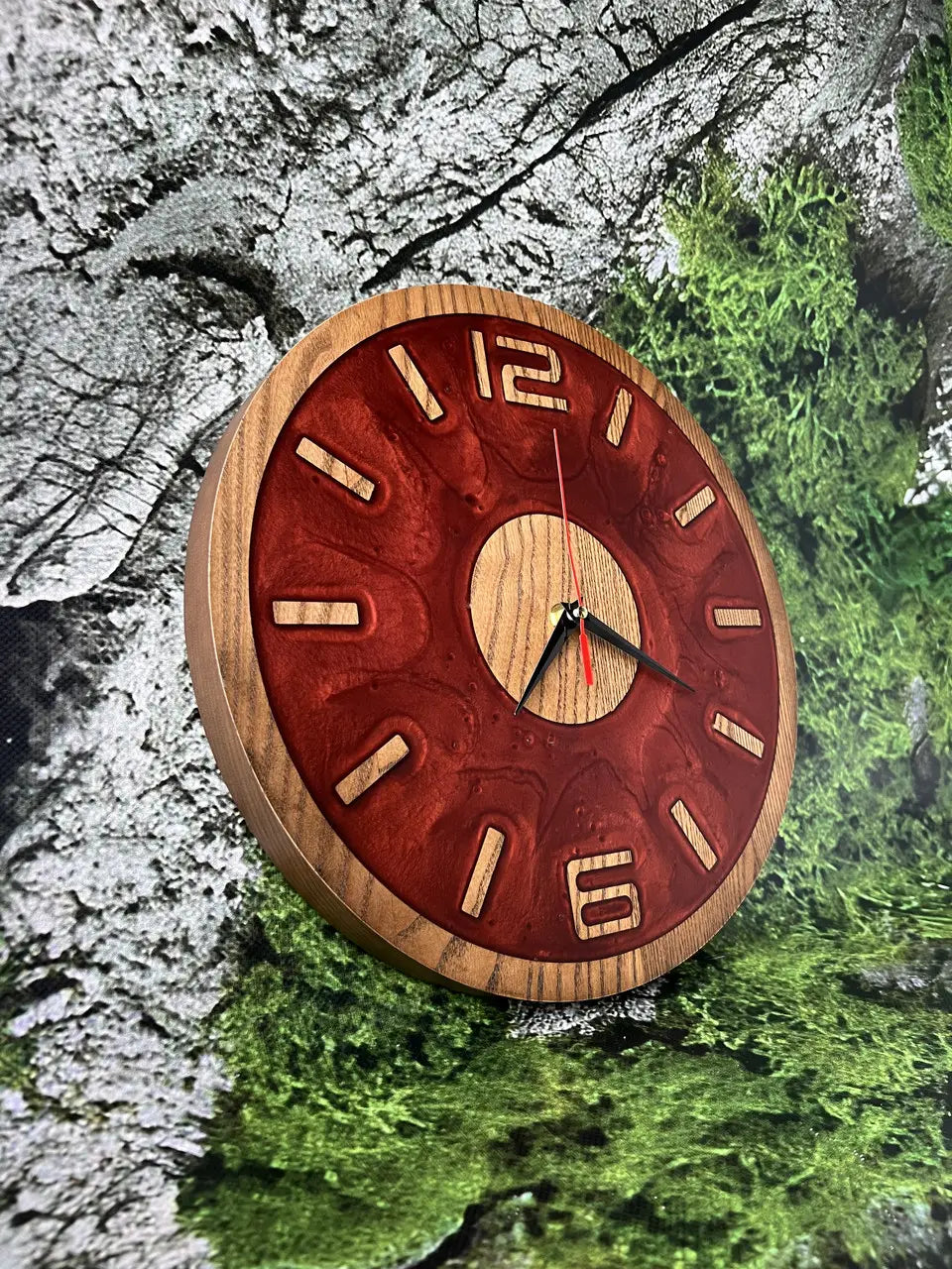 Wooden Wall Clock handcrafted from wood and deep red epoxy resin