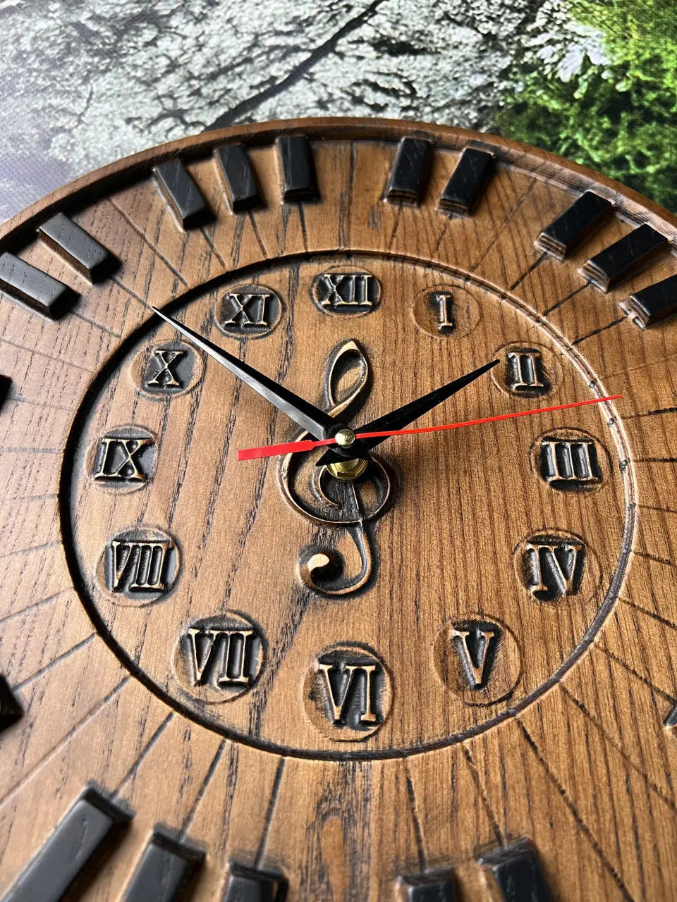 Side view of carved wooden piano wall clock, ash wood craftsmanship