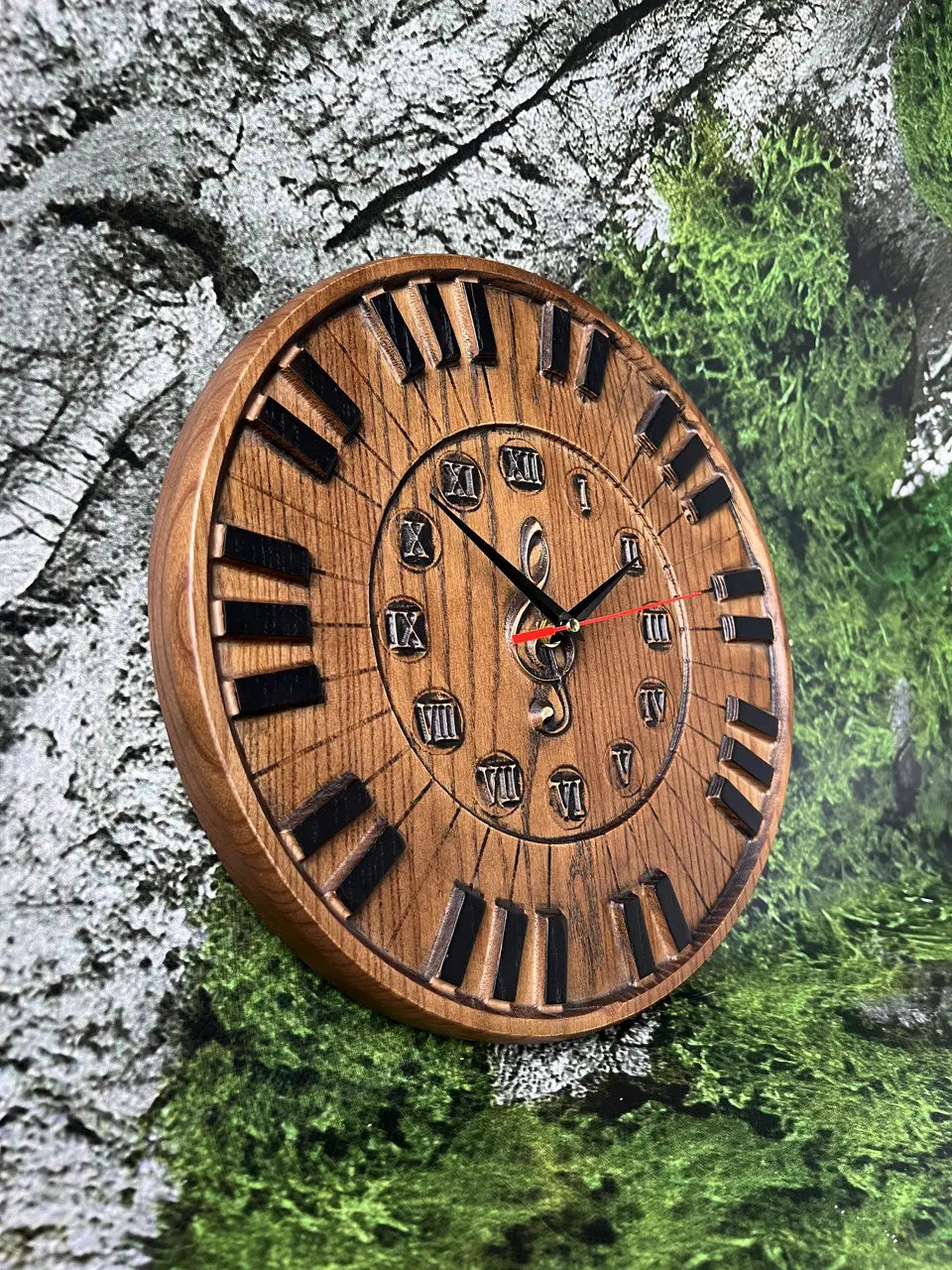 Wooden piano wall clock as artistic decor in modern interior