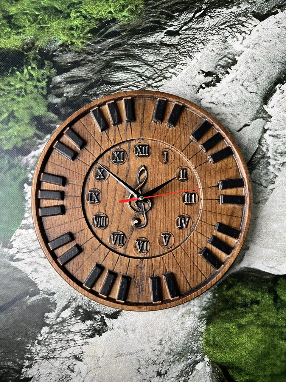 Handcrafted ash wood piano wall clock with carved piano keys design