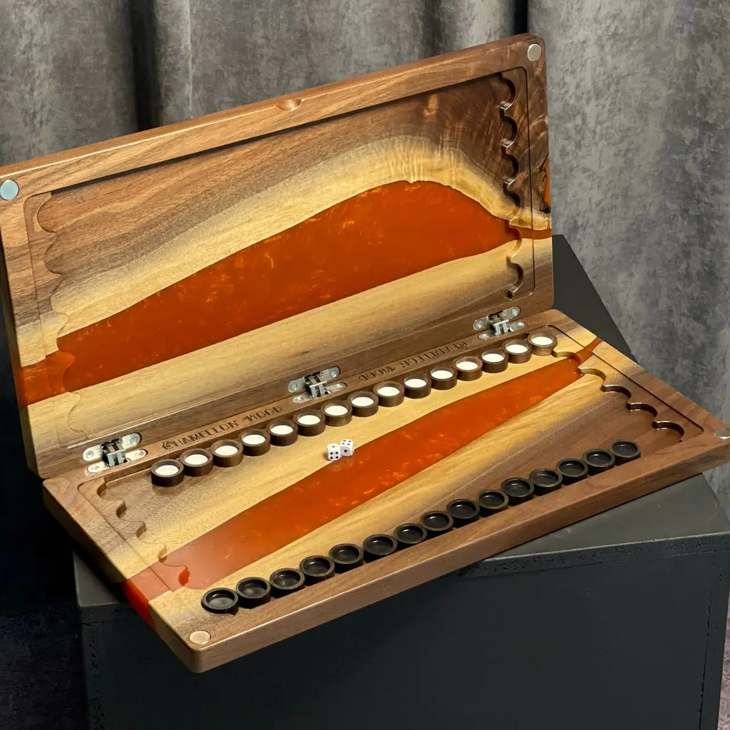 Amber River handmade oak backgammon set with vibrant epoxy resin