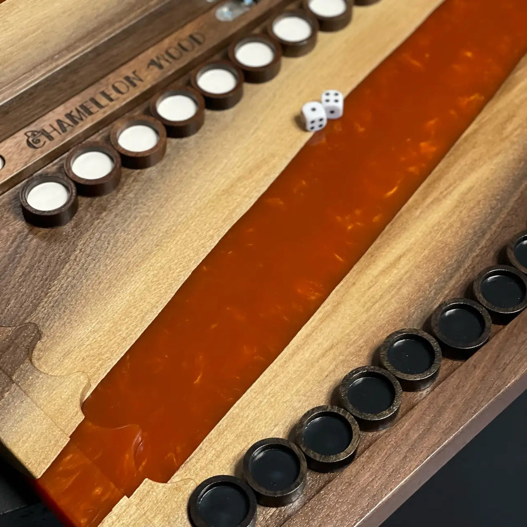 Open 60 cm oak backgammon board with amber-orange epoxy river