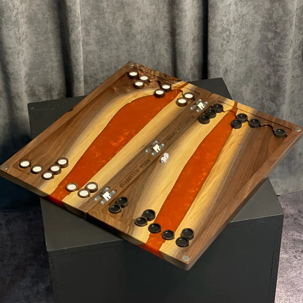 Handcrafted oak and epoxy backgammon board with polished wooden pieces
