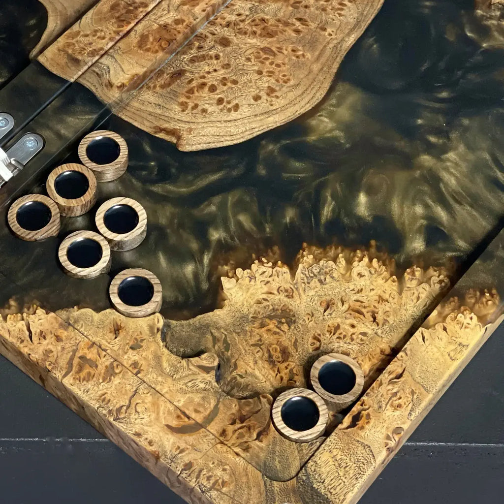 Open Golden Islands backgammon board with natural wood and epoxy resin